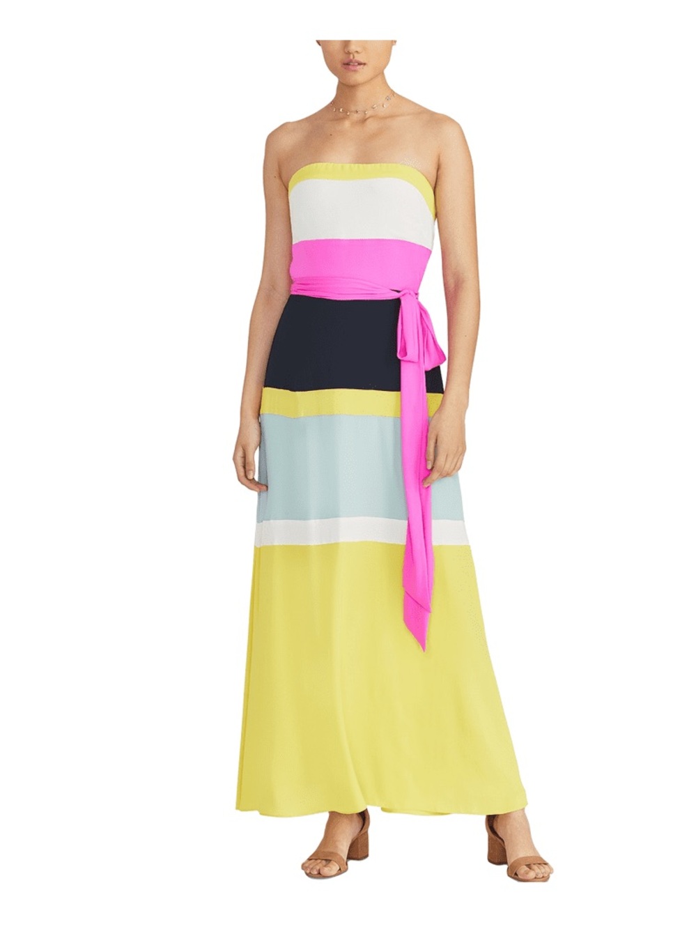 Rachel Roy June Paradise Pink yellow color blocked strapless Maxi Dress NWT Med
